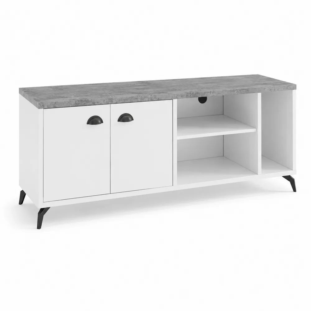 Meuble TV en Bois et Métal Blanc et Gris