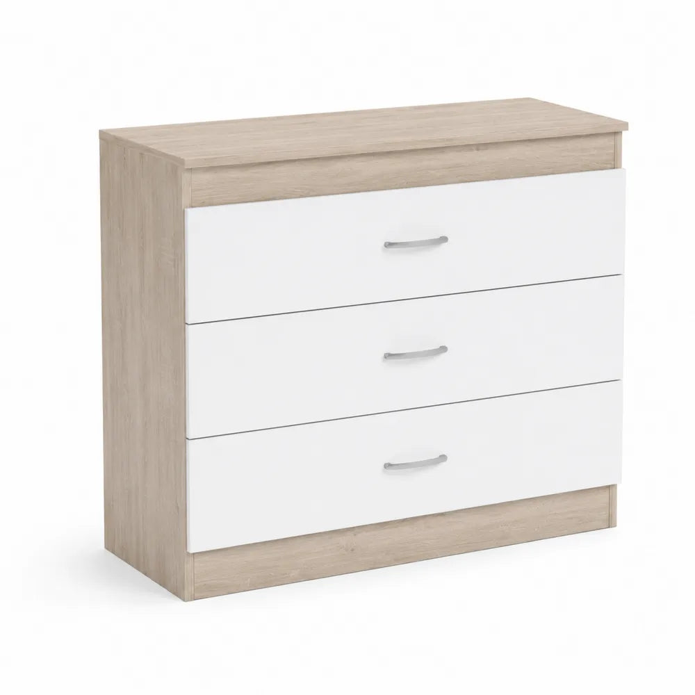 Commode 3 tiroirs MDF mélaminé Blanc et Chêne clair