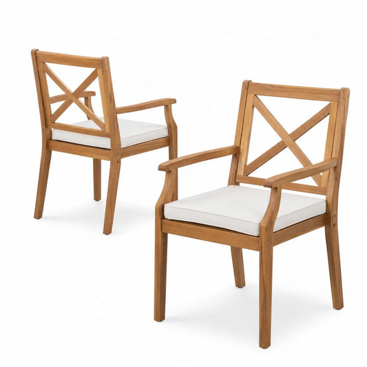 Lot de 2 chaises en bois avec coussins en polyester blanc