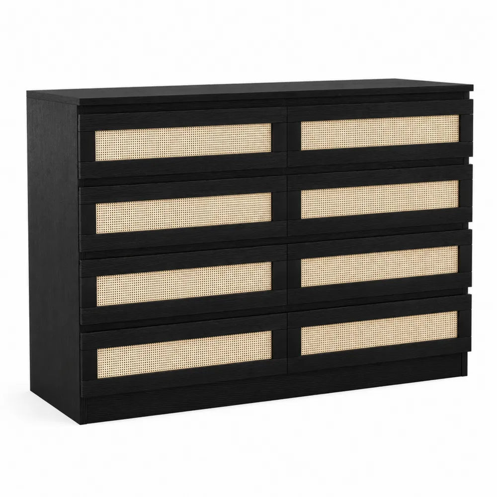 Commode en bois avec tiroirs en rotin 8 tiroirs Noir/Beige