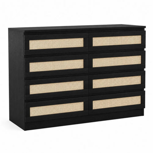 Commode en bois avec tiroirs en rotin 8 tiroirs Noir/Beige