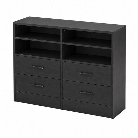 Commode en Bois Noir avec 6 Tiroirs et 4 Étagères