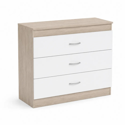Commode 3 tiroirs MDF mélaminé Blanc et Chêne clair