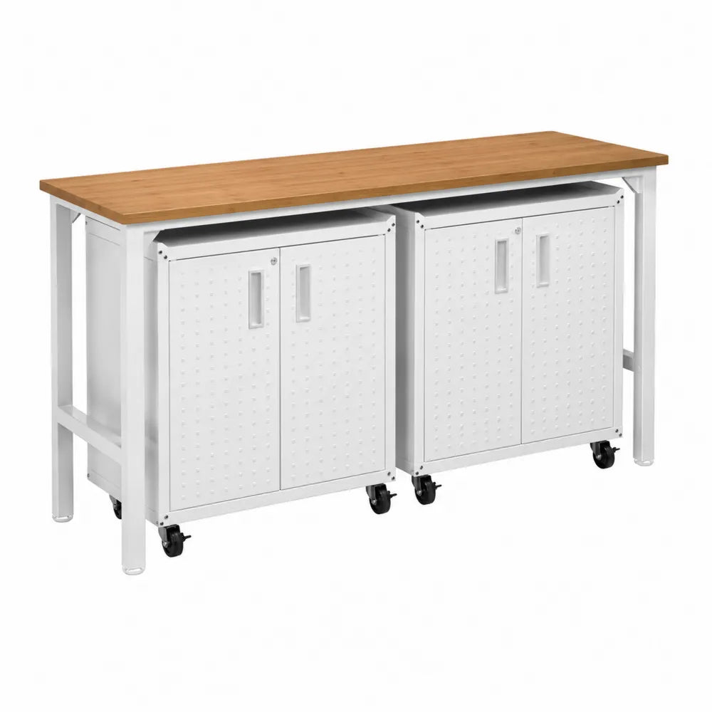 Table de travail en métal avec plateau en bambou et armoires
