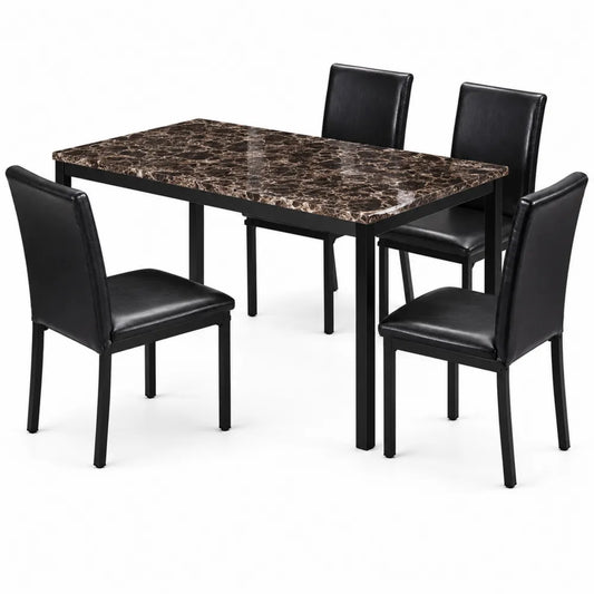 Table à manger marbre brun et chaises cuir noir